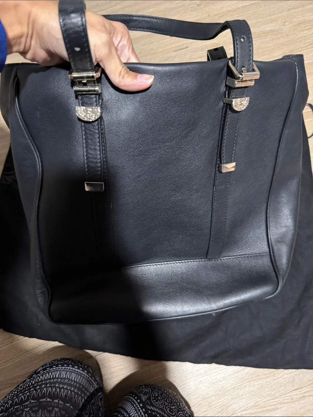 Versace Collection Black Leather Messenger Tote Bag